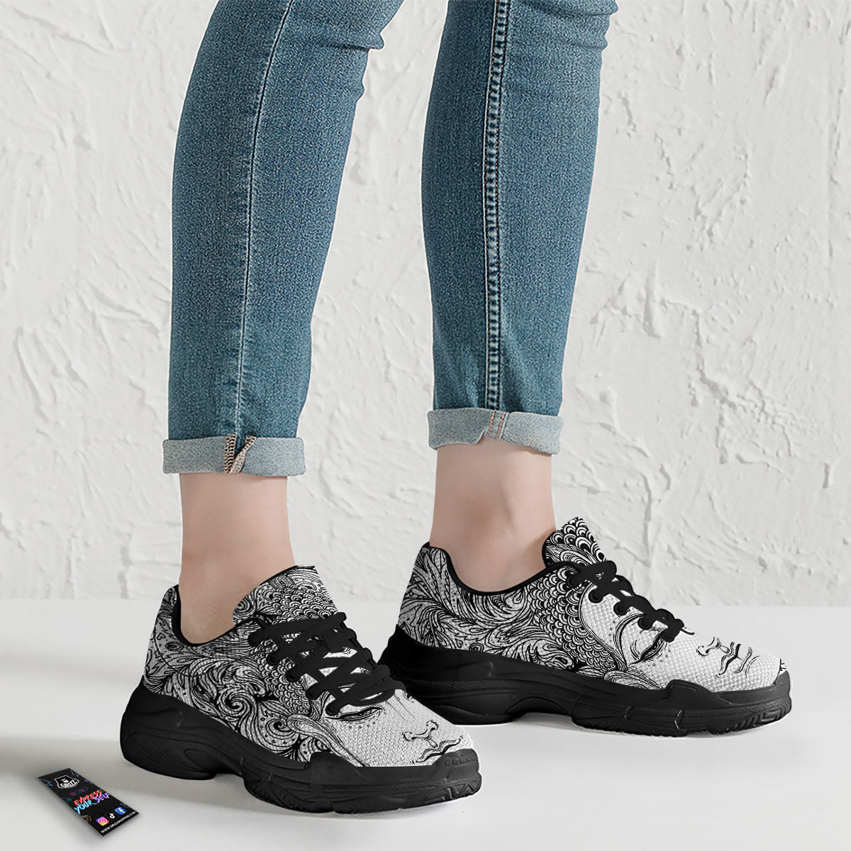 Buddha Mandala Spiritual Black White Print Black Chunky Shoes-grizzshop