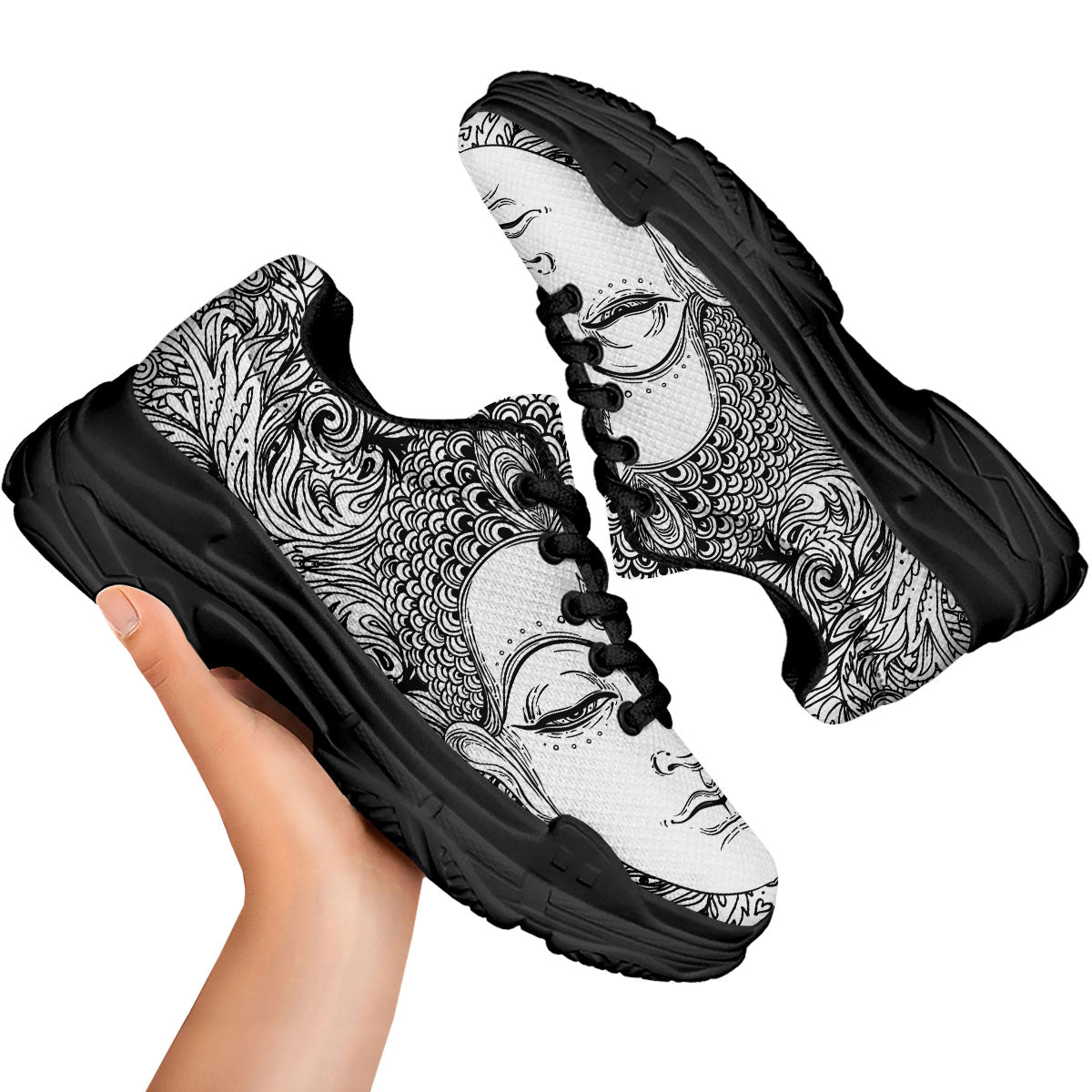 Buddha Mandala Spiritual Black White Print Black Chunky Shoes-grizzshop