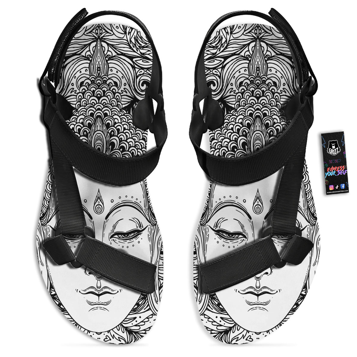 Buddha Mandala Spiritual Black White Print Black Open Toe Sandals-grizzshop
