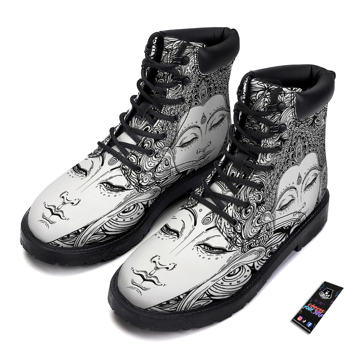 Buddha Mandala Spiritual Black White Print Boots-grizzshop