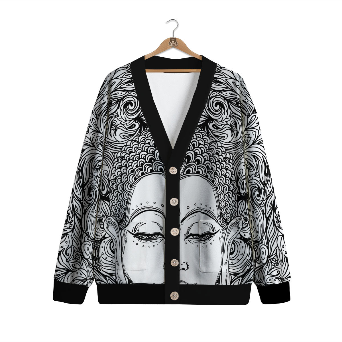 Buddha Mandala Spiritual Black White Print Cardigan-grizzshop