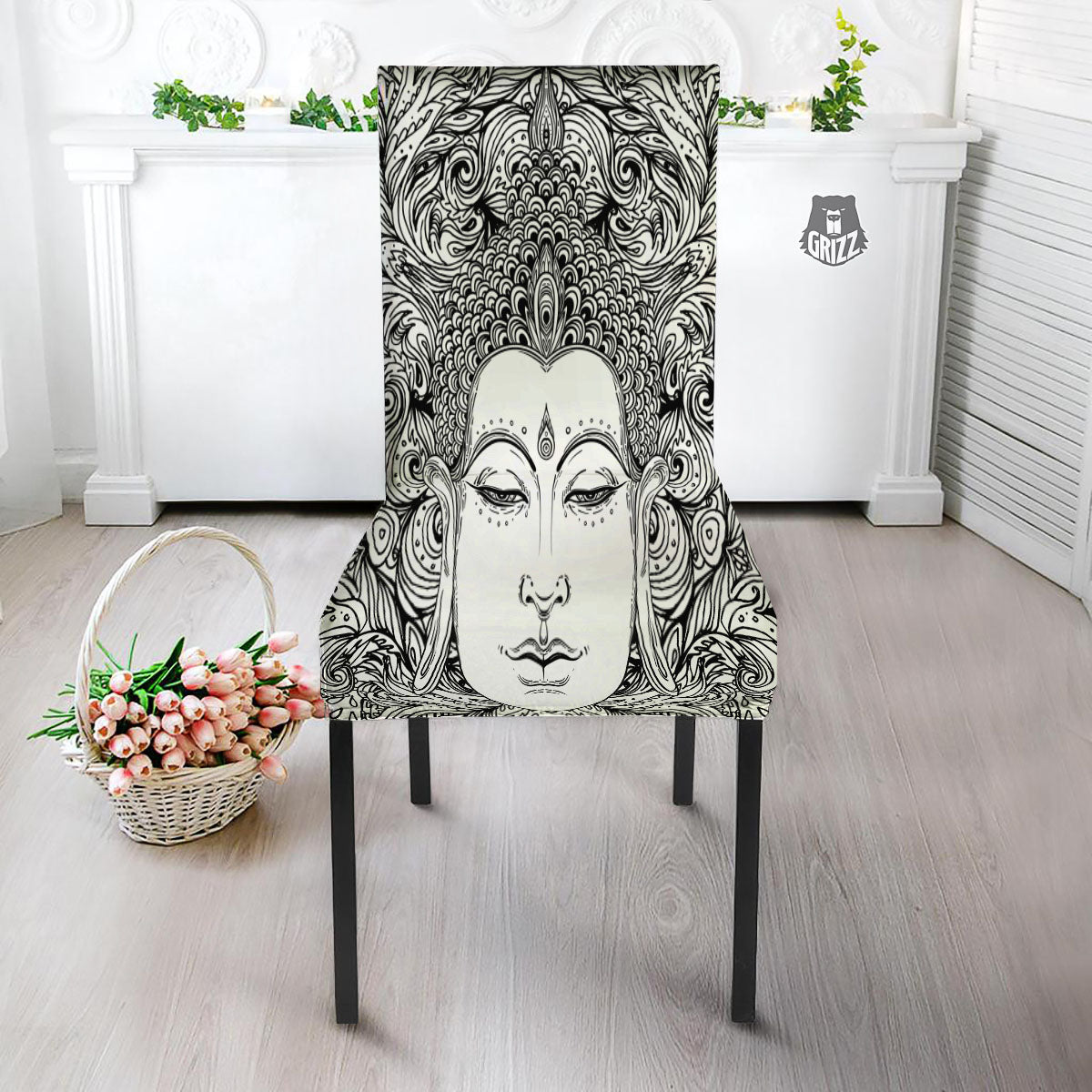 Buddha Mandala Spiritual Black White Print Dining Chair Slipcover-grizzshop