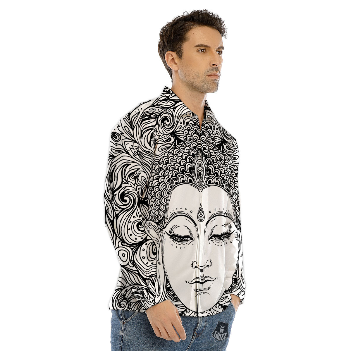 Buddha Mandala Spiritual Black White Print Men's Dress Shirts-grizzshop