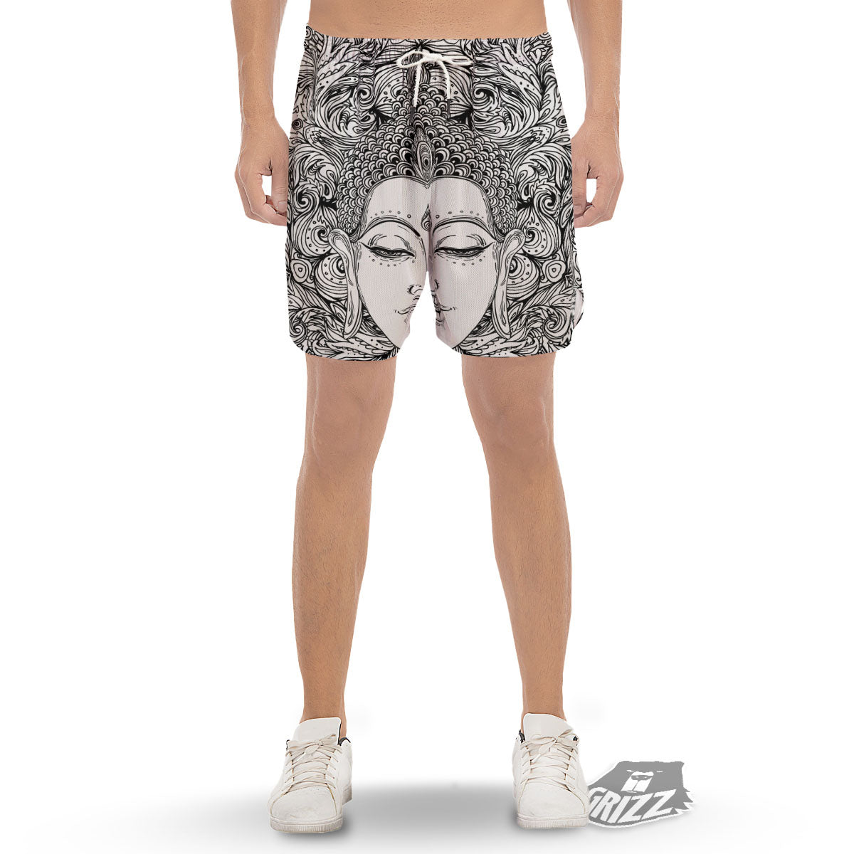 Buddha Mandala Spiritual Black White Print Men's Gym Shorts-grizzshop