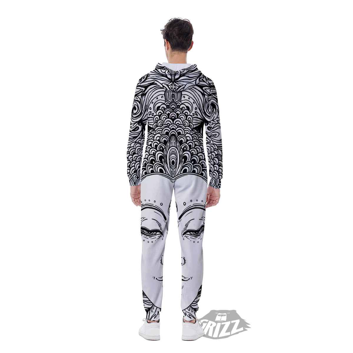 Buddha Mandala Spiritual Black White Print Men's Jumpsuit-grizzshop