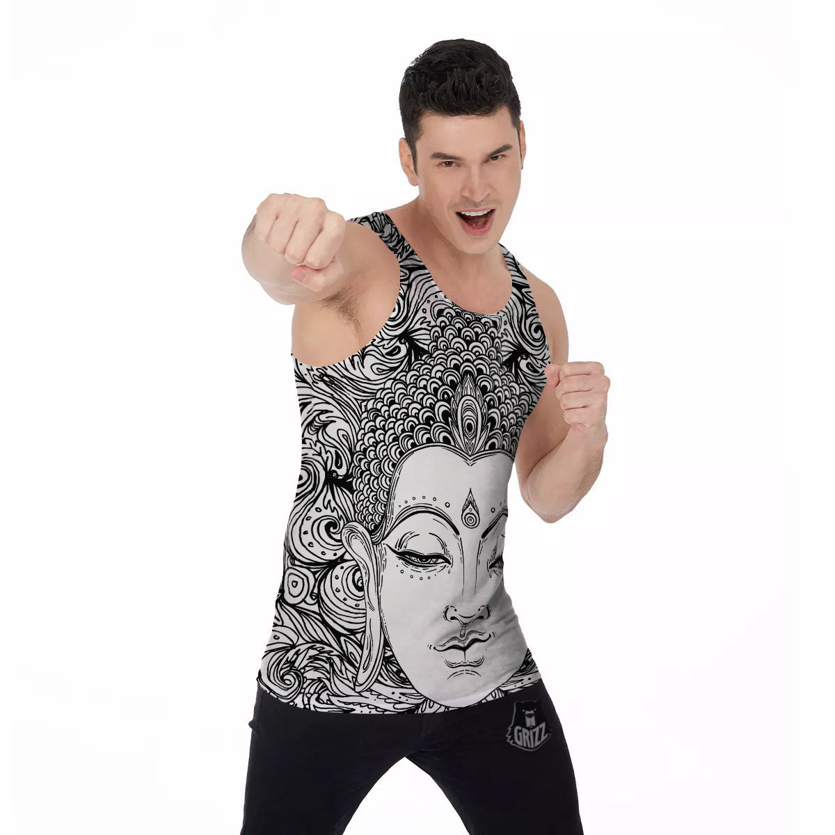 Buddha Mandala Spiritual Black White Print Men's Tank Top-grizzshop