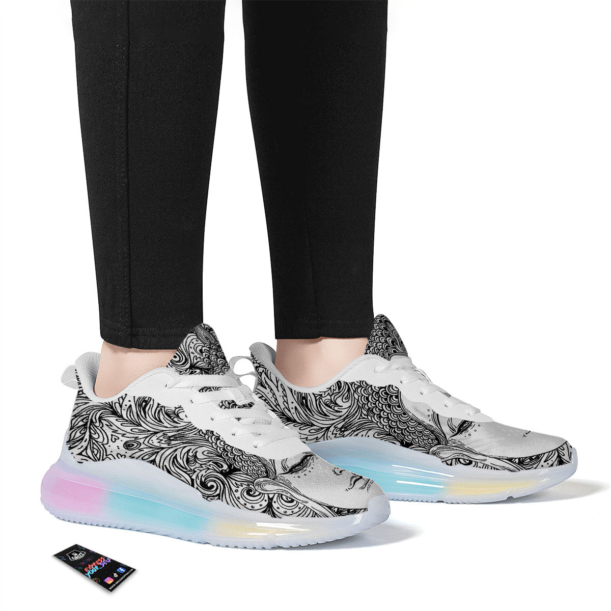 Buddha Mandala Spiritual Black White Print Running Sneakers-grizzshop