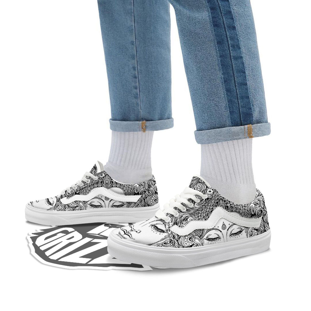 Buddha Mandala Spiritual Black White Print Skate Shoes-grizzshop