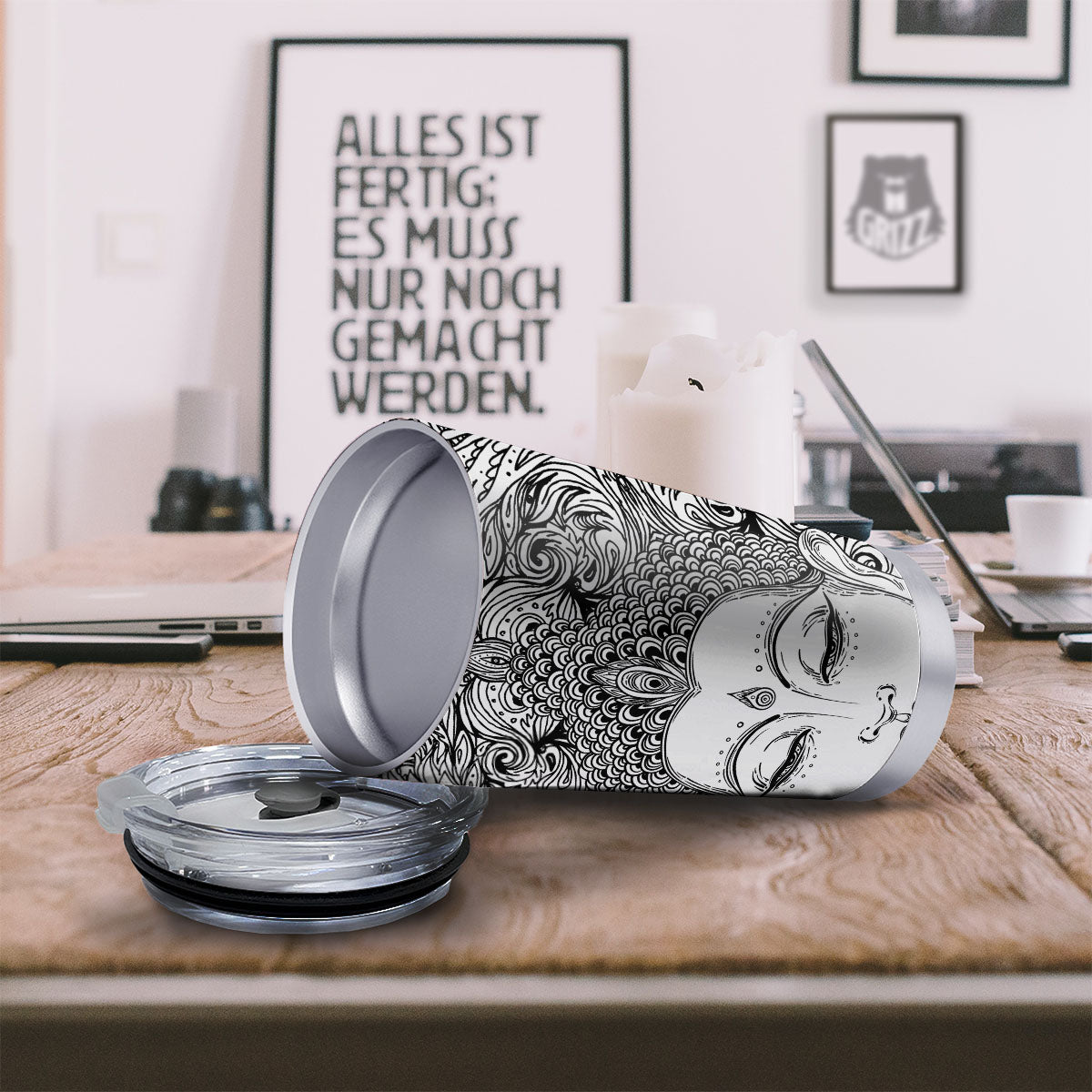 Buddha Mandala Spiritual Black White Print Tumbler-grizzshop