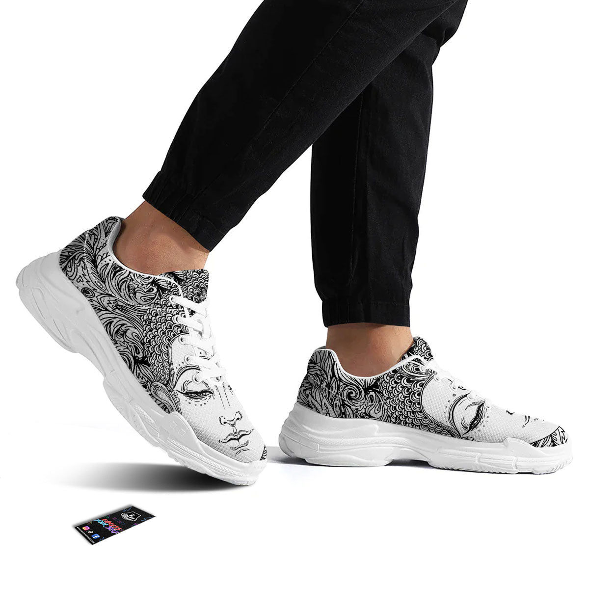 Buddha Mandala Spiritual Black White Print White Chunky Shoes-grizzshop