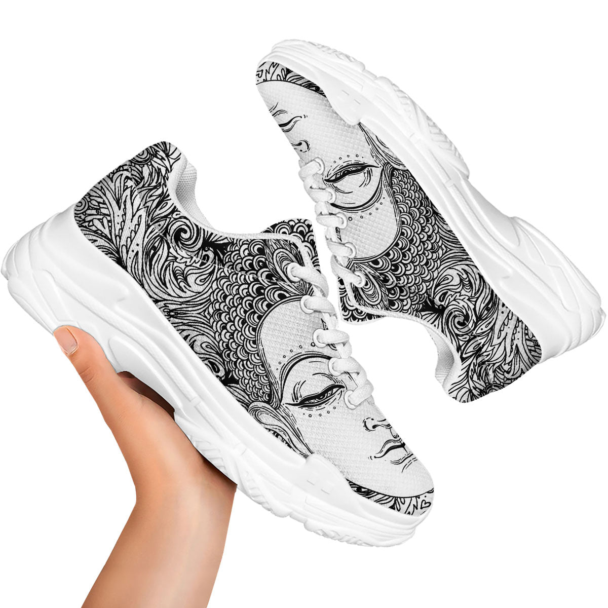 Buddha Mandala Spiritual Black White Print White Chunky Shoes-grizzshop
