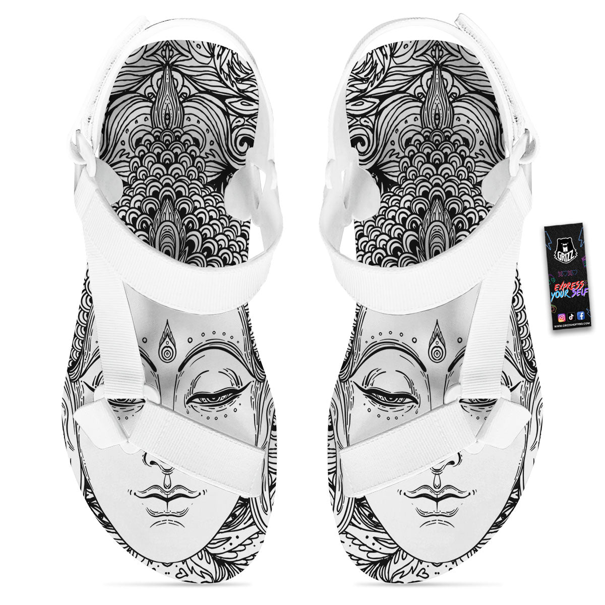 Buddha Mandala Spiritual Black White Print White Open Toe Sandals-grizzshop