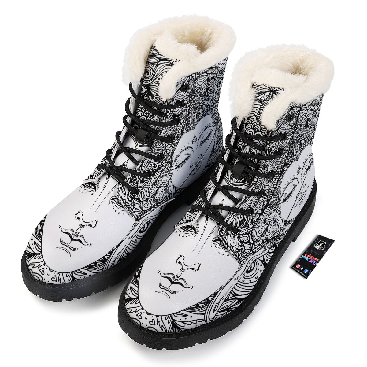 Buddha Mandala Spiritual Black White Print Winter Boots-grizzshop