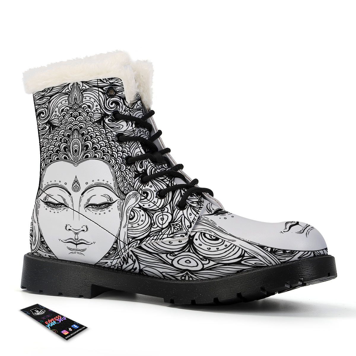 Buddha Mandala Spiritual Black White Print Winter Boots-grizzshop