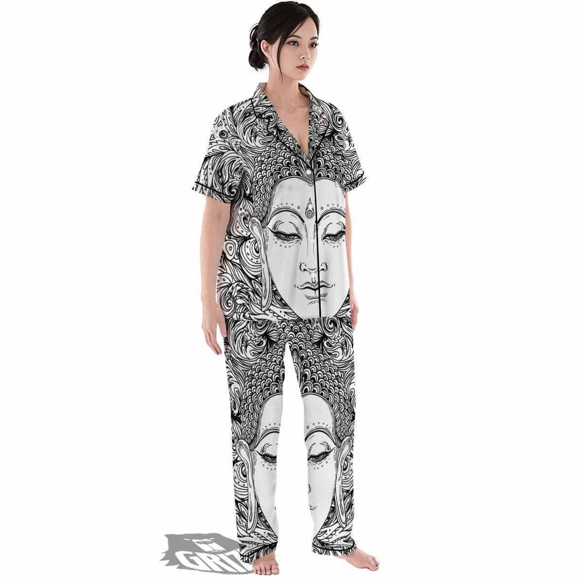 Buddha Mandala Spiritual Black White Print Women's Pajamas Set-grizzshop