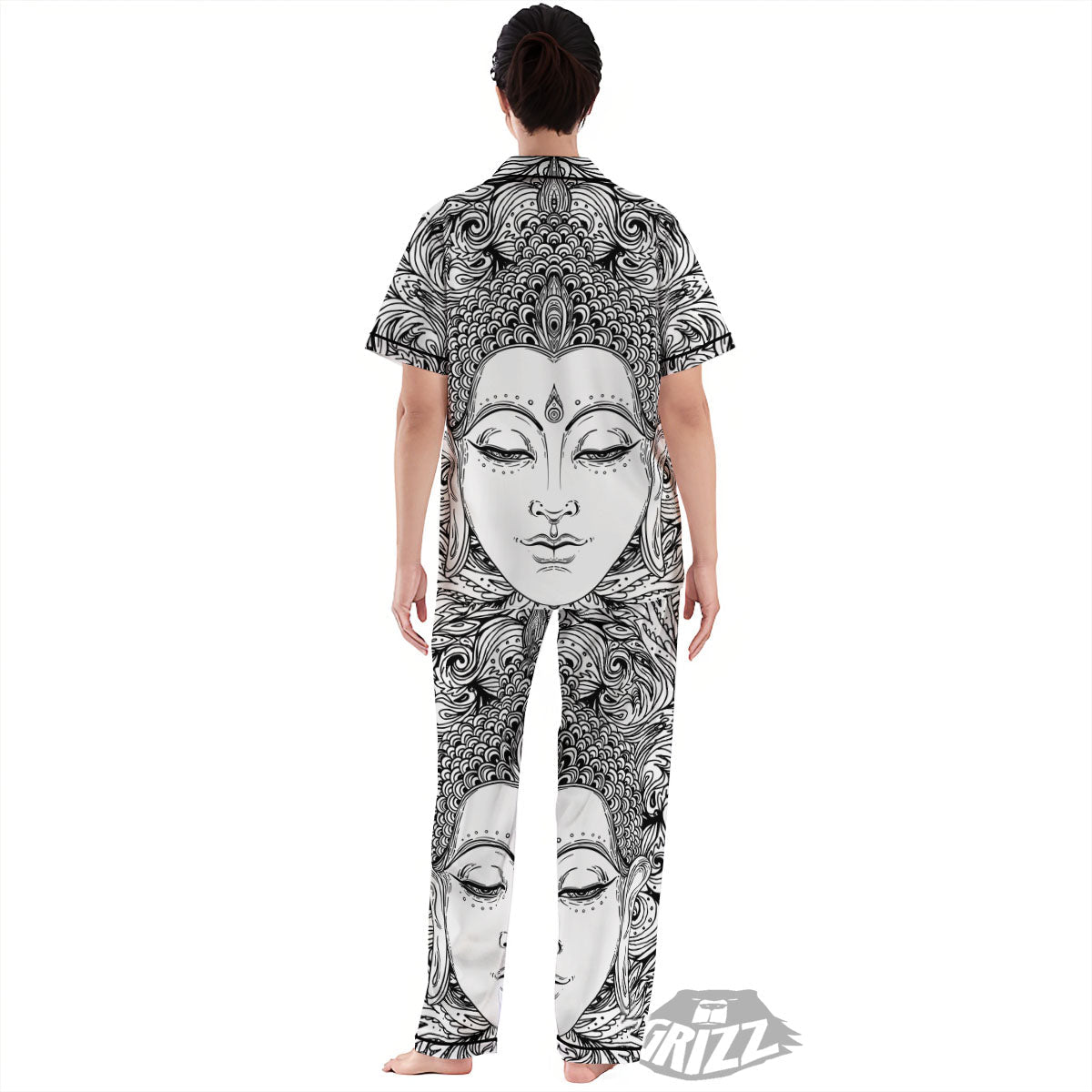 Buddha Mandala Spiritual Black White Print Women's Pajamas Set-grizzshop