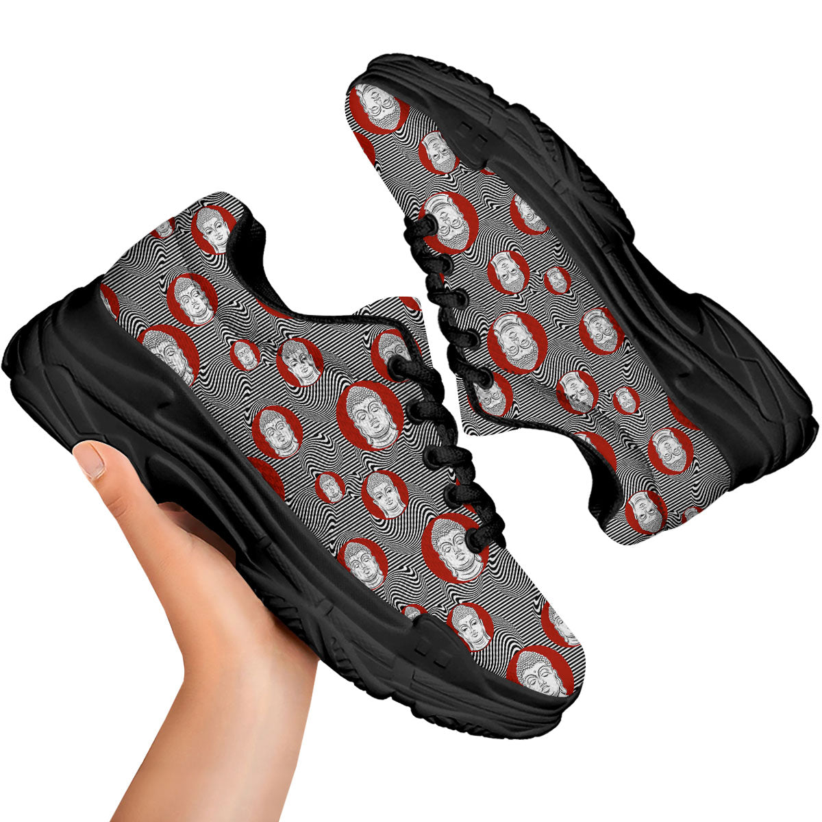 Buddha Print Pattern Black Chunky Shoes-grizzshop