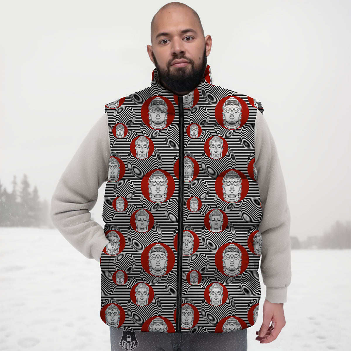 Buddha Print Pattern Down Vest-grizzshop