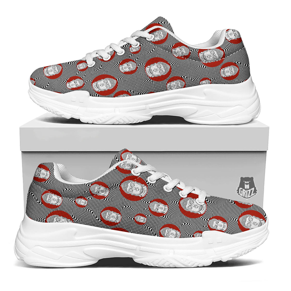Buddha Print Pattern White Chunky Shoes-grizzshop