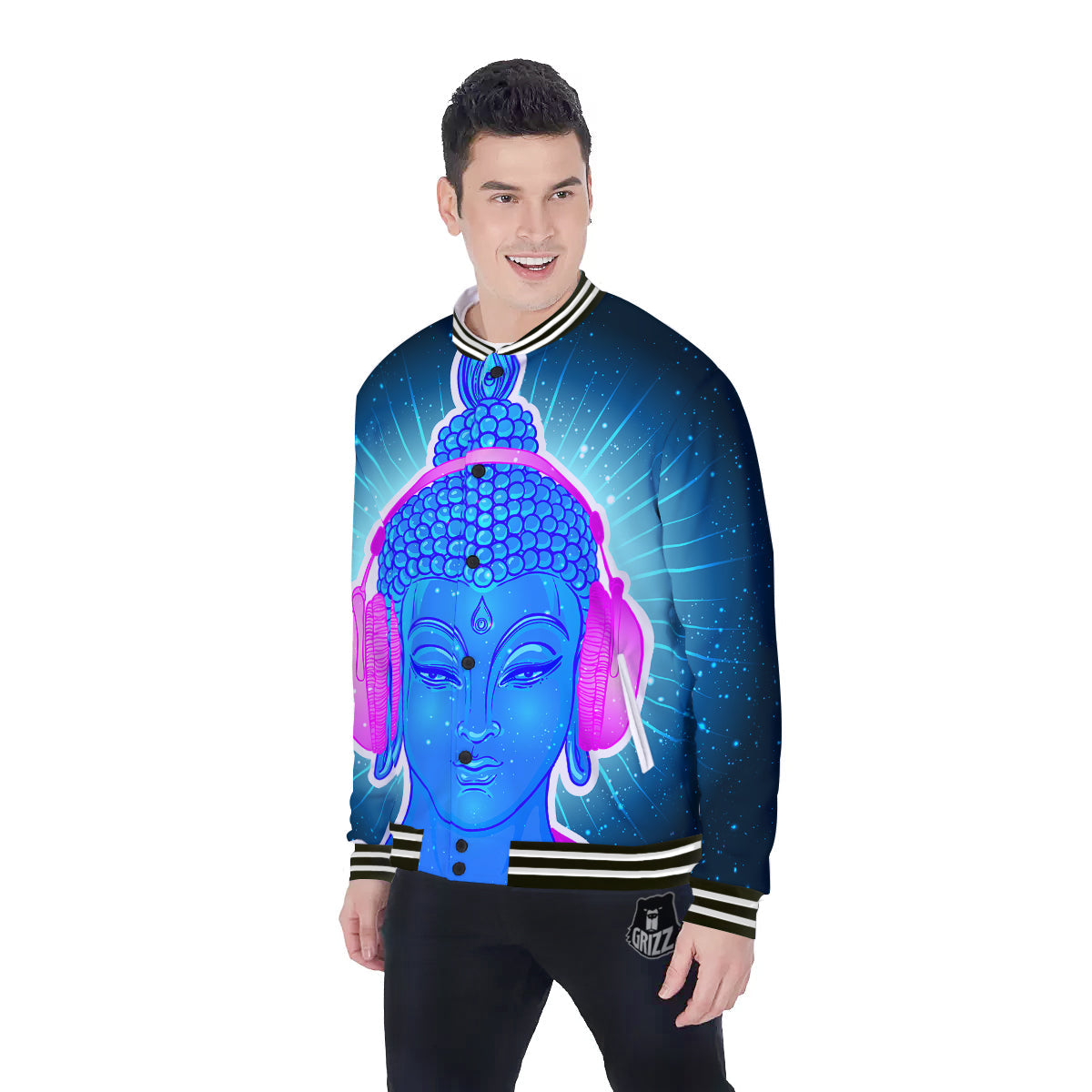 Buddha Psychedelic Print Baseball Jacket-grizzshop