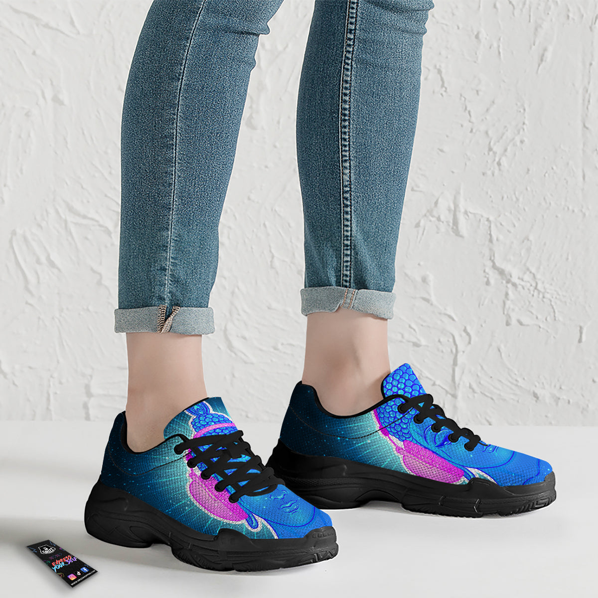 Buddha Psychedelic Print Black Chunky Shoes-grizzshop
