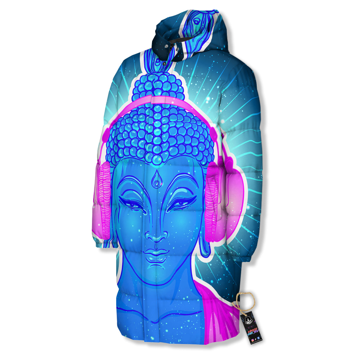 Buddha Psychedelic Print Long Down Jacket-grizzshop