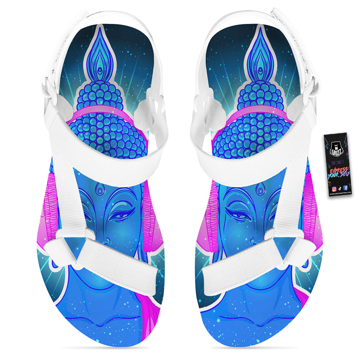 Buddha Psychedelic Print White Open Toe Sandals-grizzshop