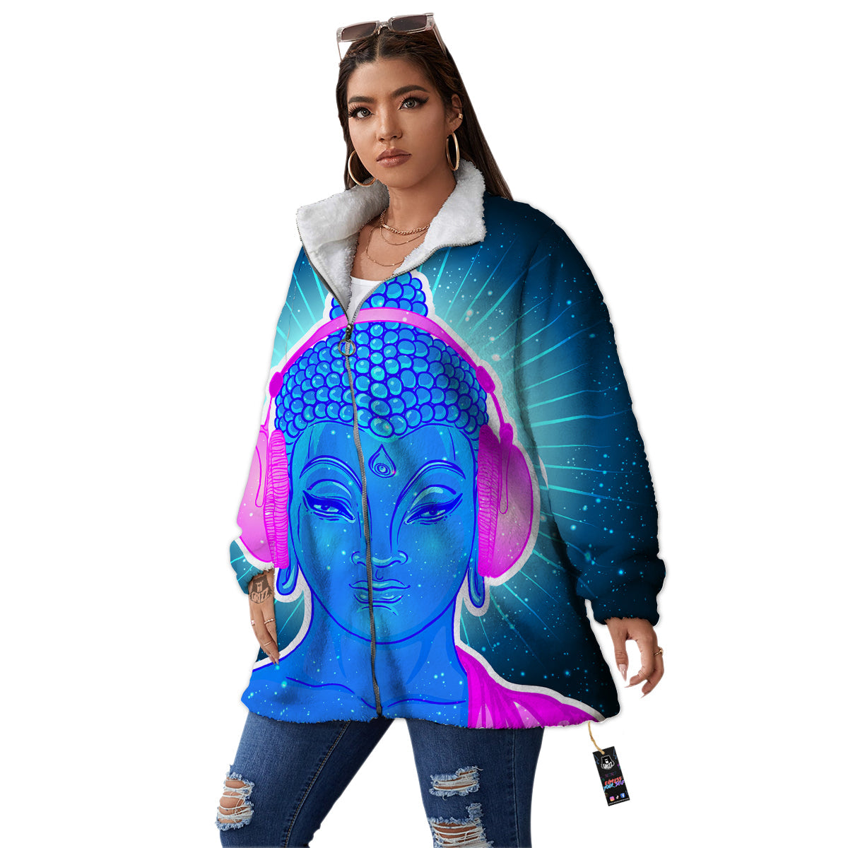 Buddha Psychedelic Print Women's Sherpa Jacket-grizzshop