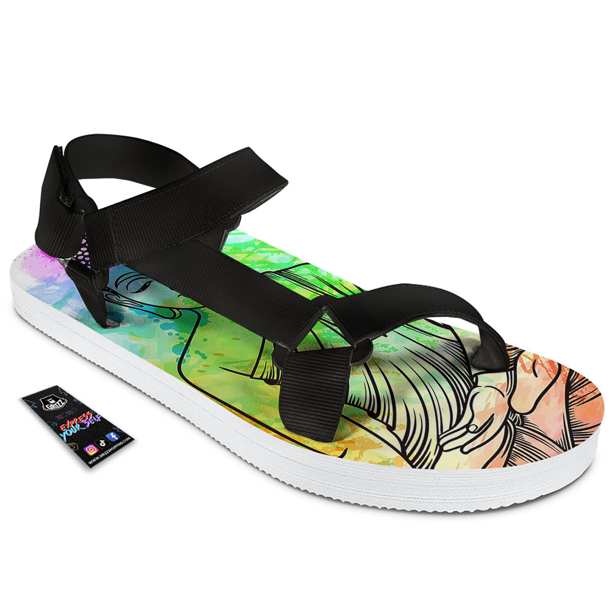 Buddha Reggae Print Black Open Toe Sandals-grizzshop