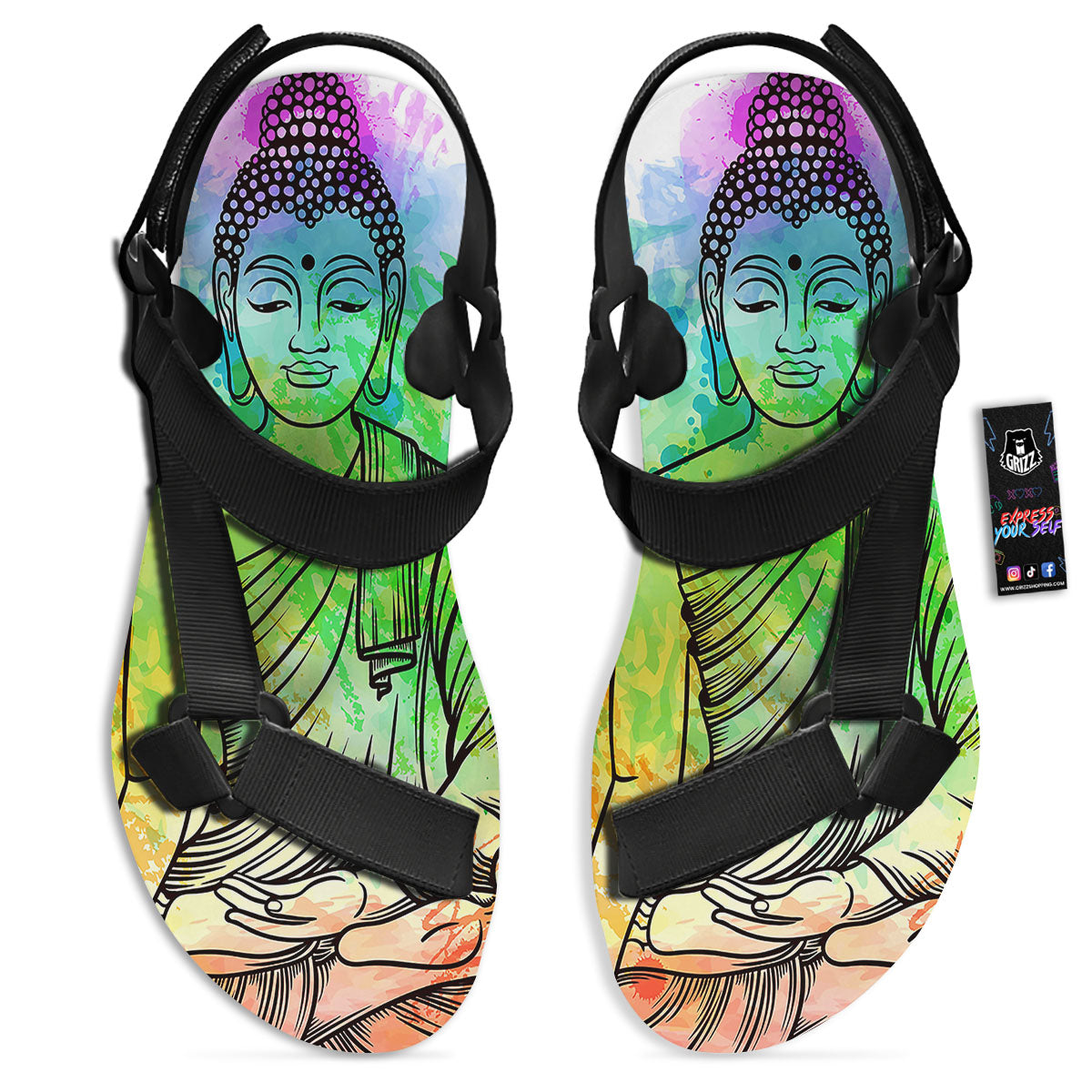 Buddha Reggae Print Black Open Toe Sandals-grizzshop
