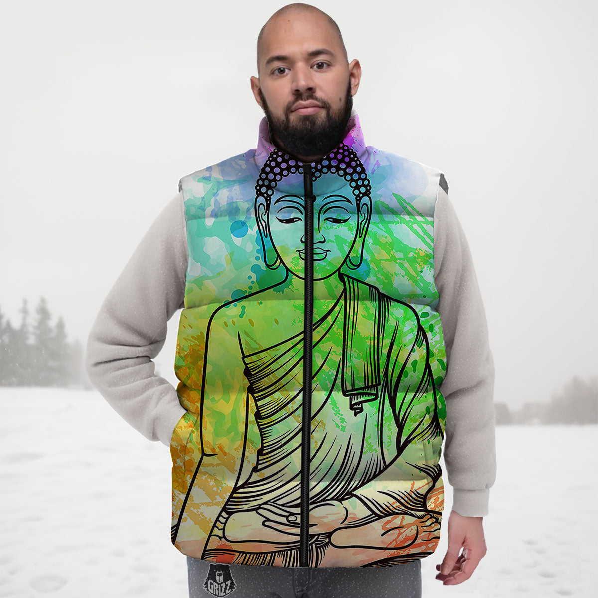 Buddha Reggae Print Down Vest-grizzshop