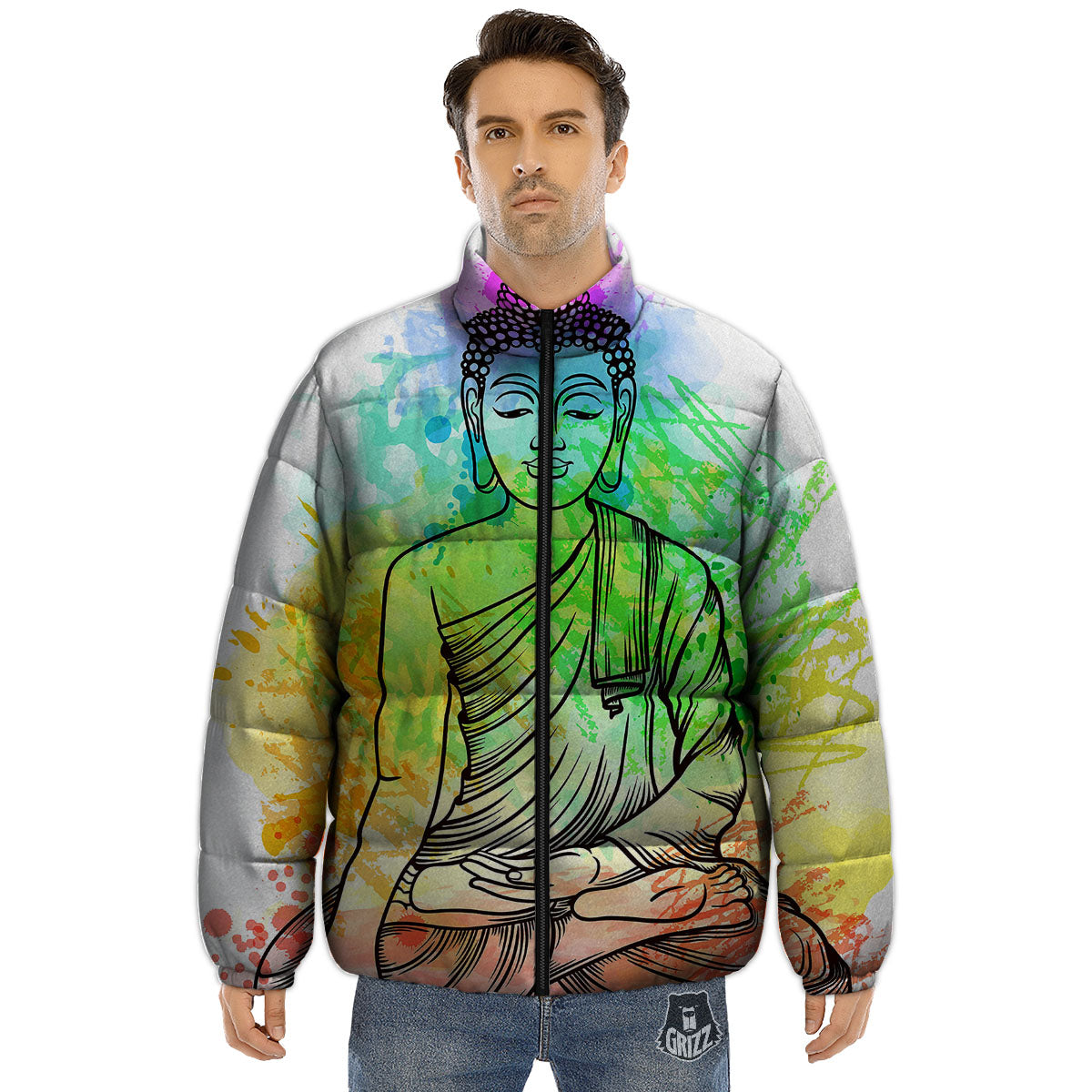 Buddha Reggae Print Puffer Jacket-grizzshop