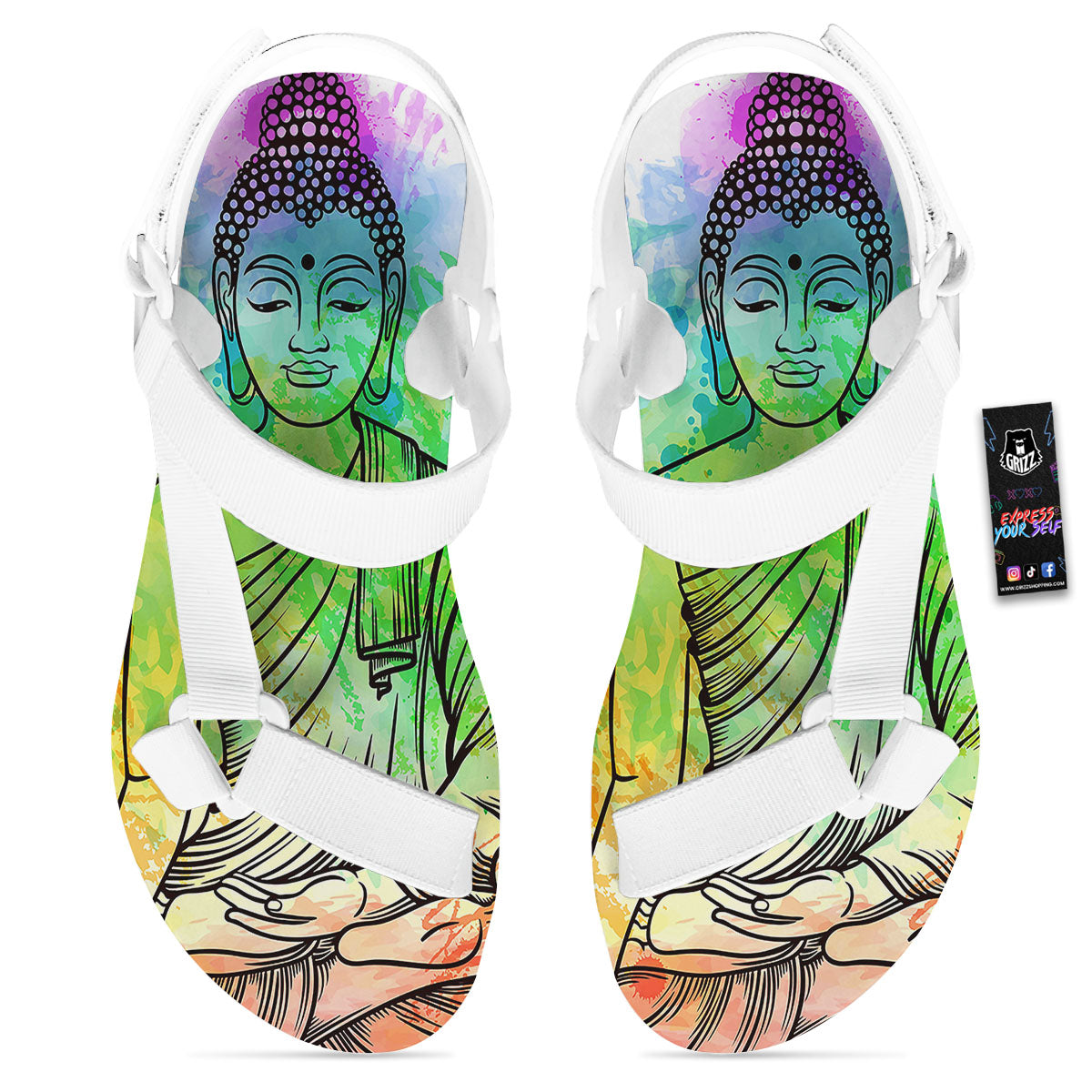 Buddha Reggae Print White Open Toe Sandals-grizzshop