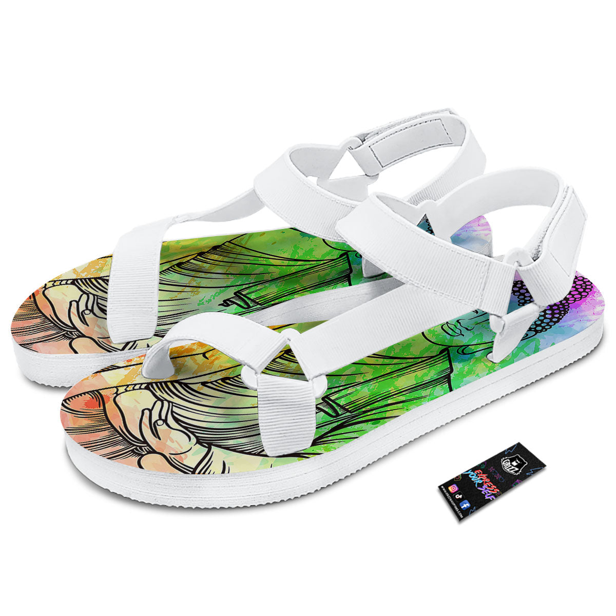 Buddha Reggae Print White Open Toe Sandals-grizzshop