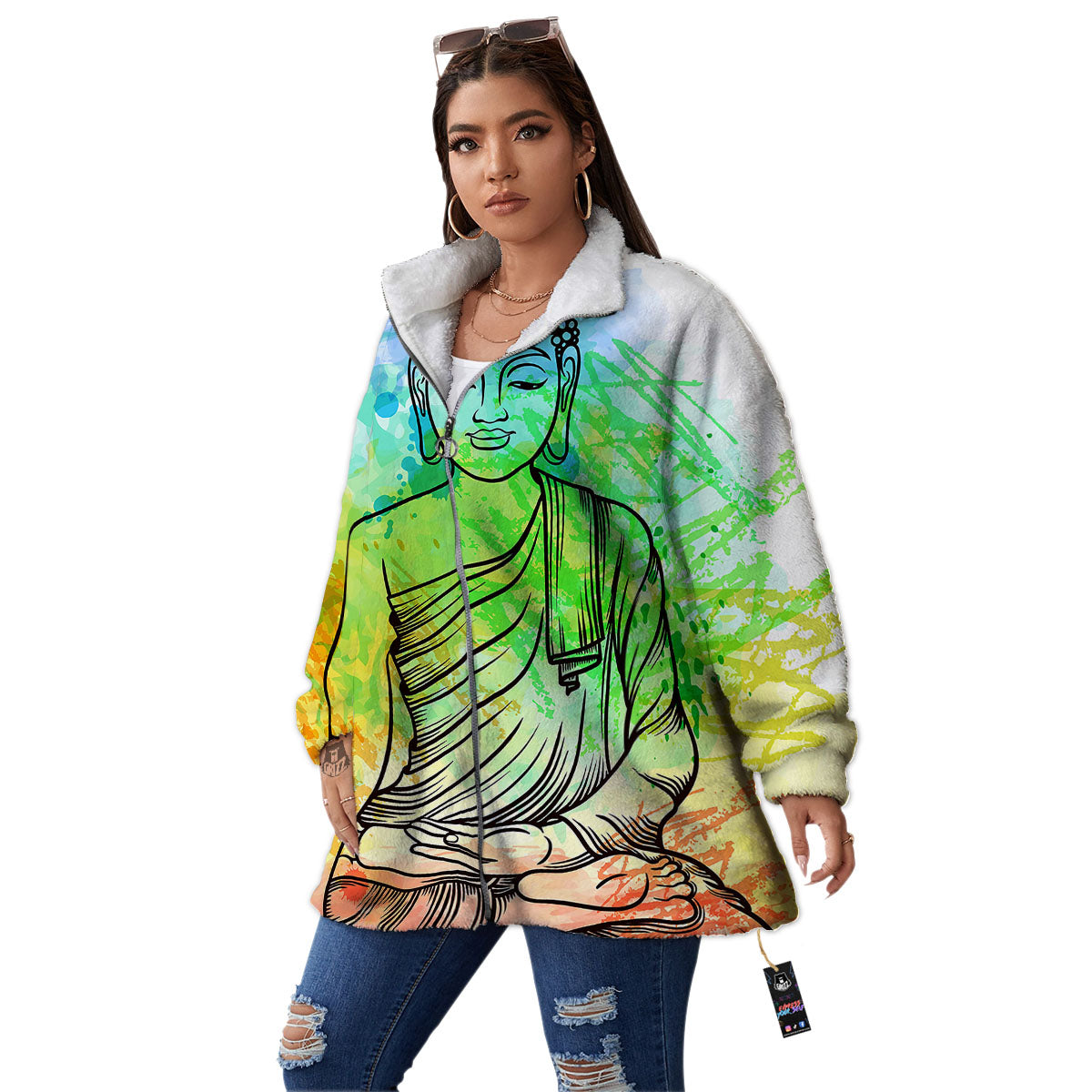 Buddha Reggae Print Women's Sherpa Jacket-grizzshop
