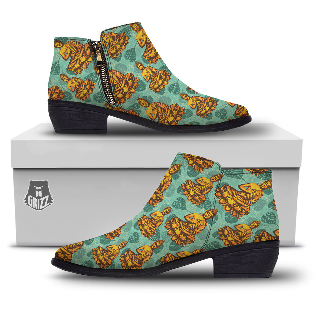 Buddha Sits On The Leaf Print Pattern Ankle Boots-grizzshop