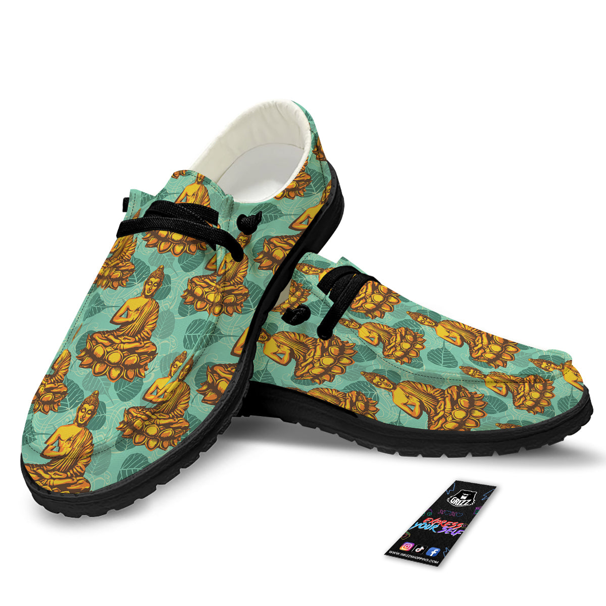 Buddha Sits On The Leaf Print Pattern Black Loafers-grizzshop