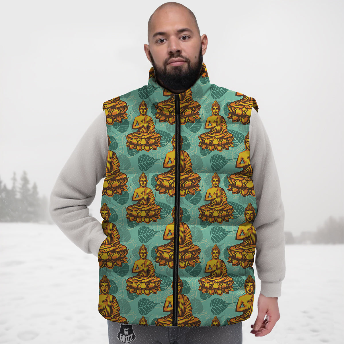 Buddha Sits On The Leaf Print Pattern Down Vest-grizzshop