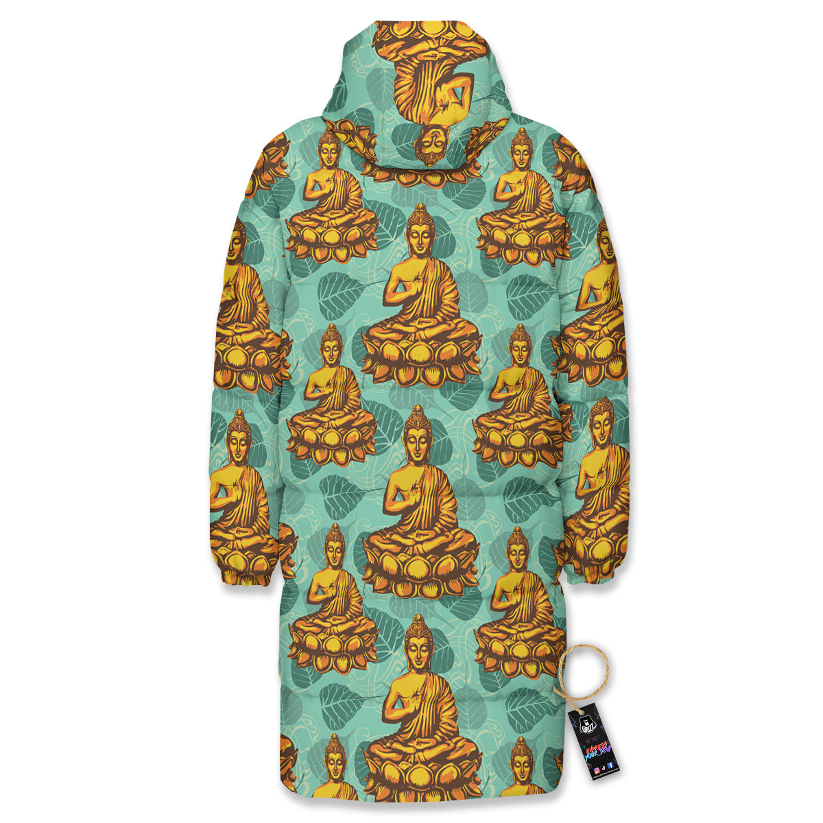 Buddha Sits On The Leaf Print Pattern Long Down Jacket-grizzshop