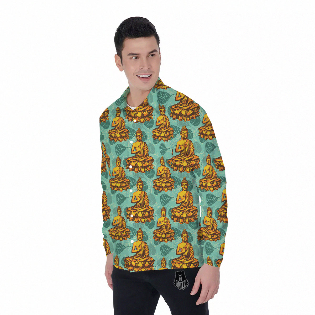 Buddha Sits On The Leaf Print Pattern Men's Long Sleeve Shirts-grizzshop