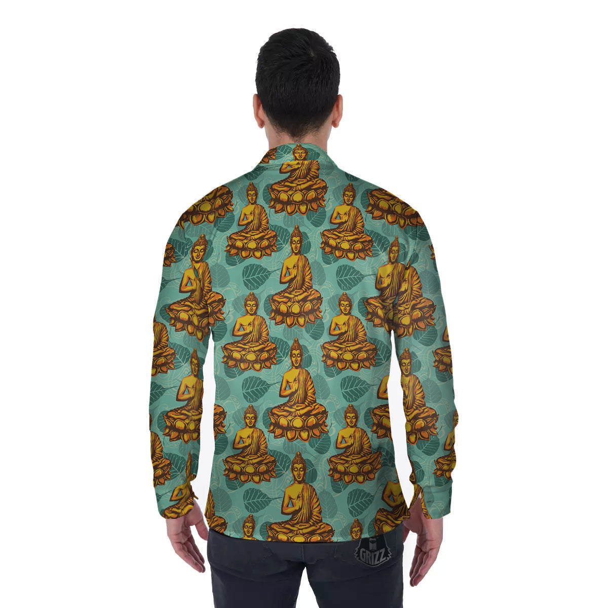 Buddha Sits On The Leaf Print Pattern Men's Long Sleeve Shirts-grizzshop