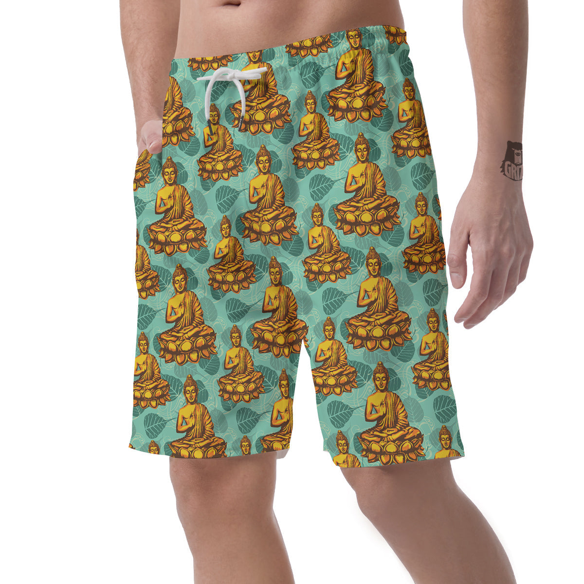 Buddha Sits On The Leaf Print Pattern Men's Shorts-grizzshop