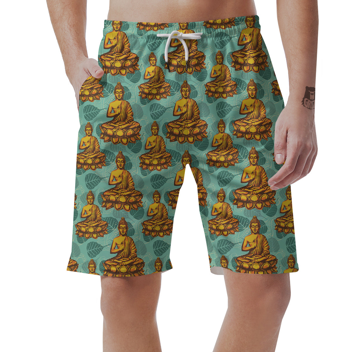 Buddha Sits On The Leaf Print Pattern Men's Shorts-grizzshop