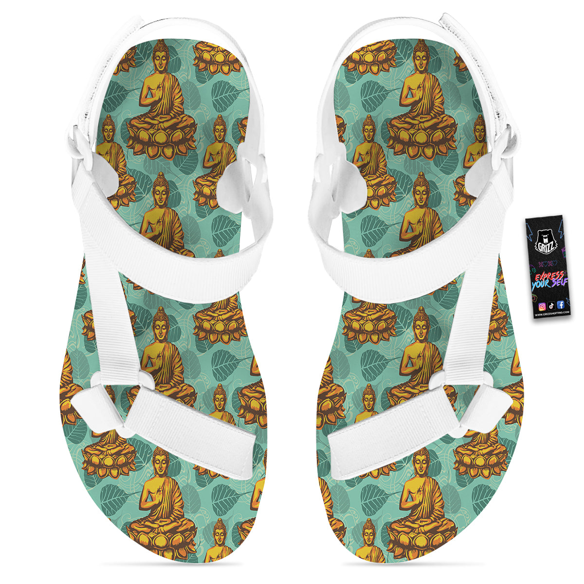 Buddha Sits On The Leaf Print Pattern White Open Toe Sandals-grizzshop