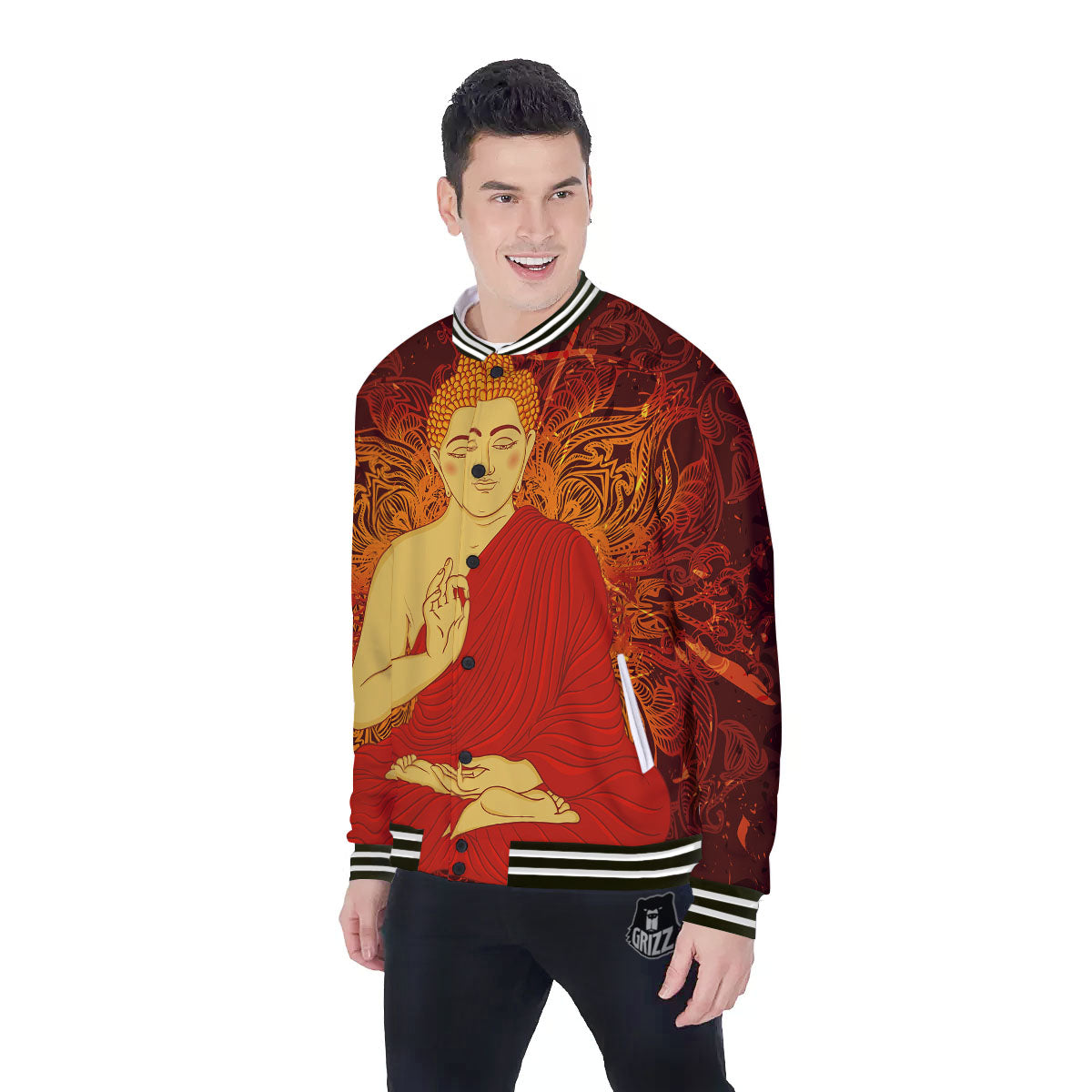 Buddha Statue Vintage Print Baseball Jacket-grizzshop