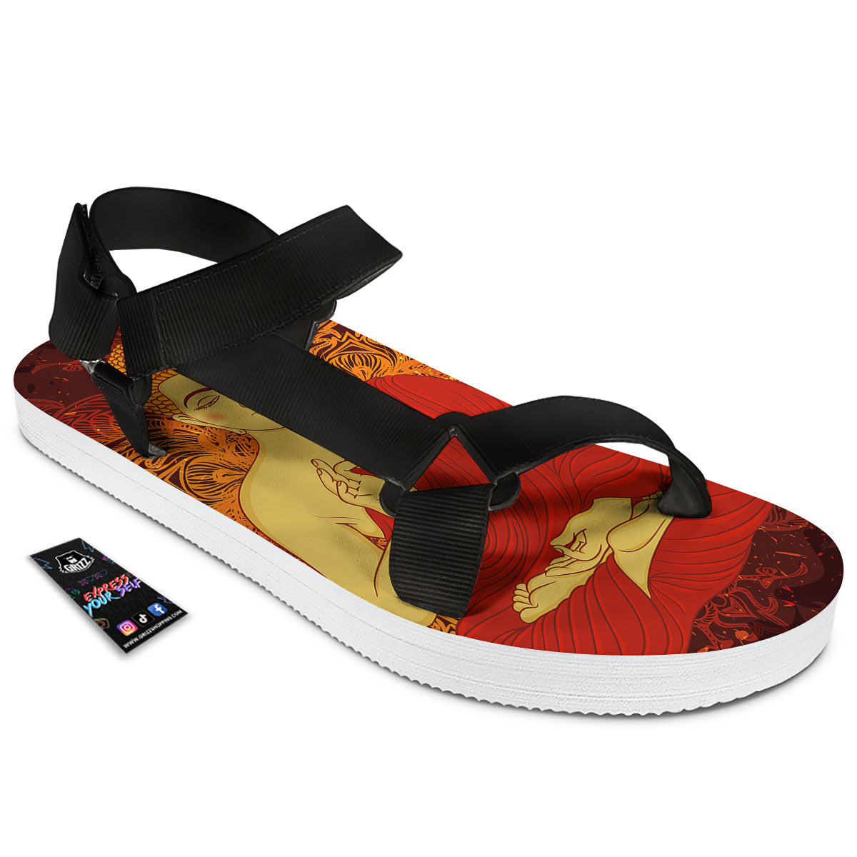 Buddha Statue Vintage Print Black Open Toe Sandals-grizzshop
