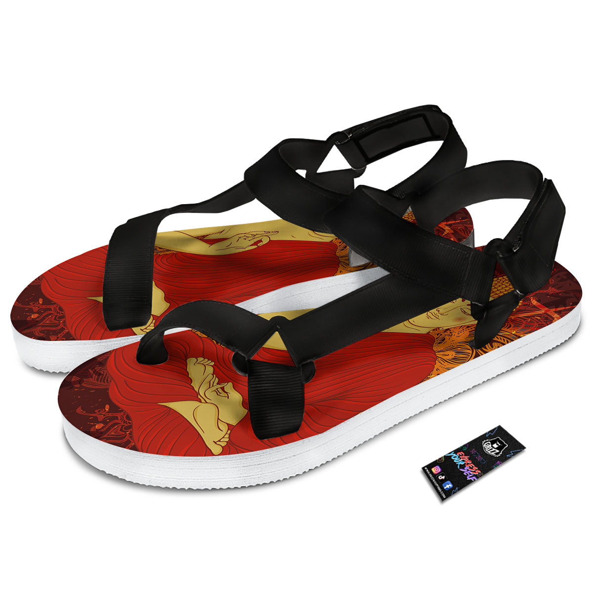 Buddha Statue Vintage Print Black Open Toe Sandals-grizzshop