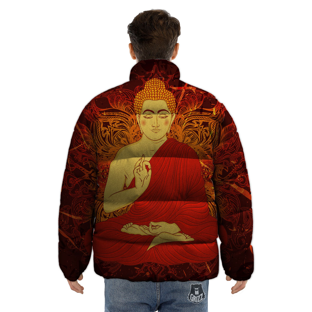 Buddha Statue Vintage Print Puffer Jacket-grizzshop