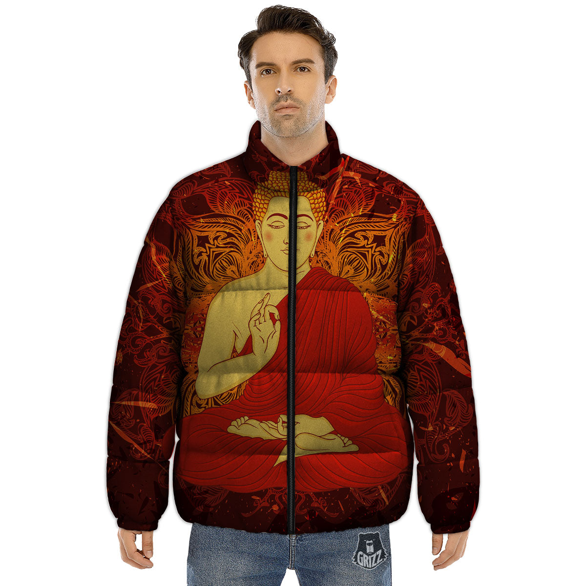 Buddha Statue Vintage Print Puffer Jacket-grizzshop