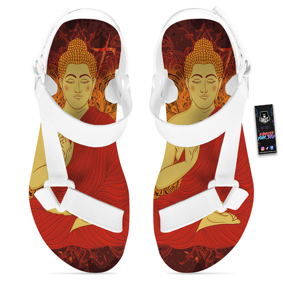 Buddha Statue Vintage Print White Open Toe Sandals-grizzshop